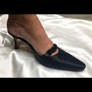 MANOLO BLAHNIK BLACK SILK SLIP ONS